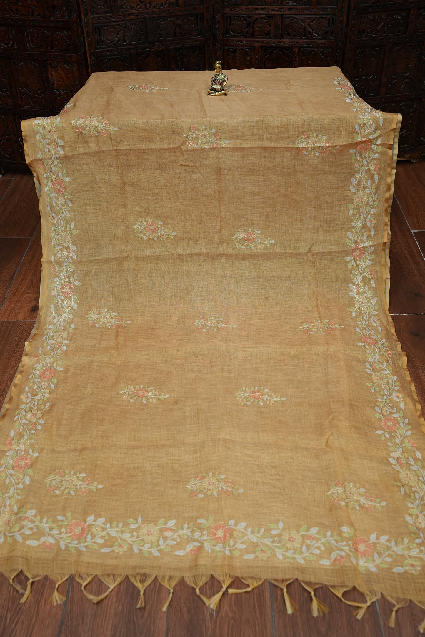 Embroidered Jute Linen Saree - Honey Beige