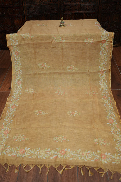 Embroidered Jute Linen Saree - Honey Beige