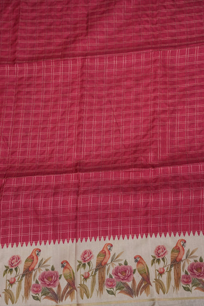 Rose Pink Semi Raw Silk Saree with Ivory Digital Printed Floral & Parrot Border