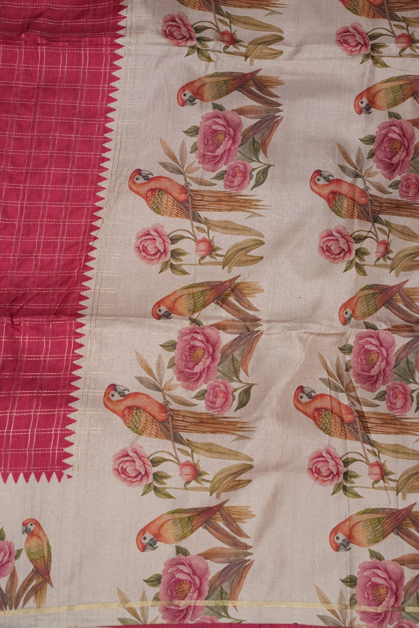 Rose Pink Semi Raw Silk Saree with Ivory Digital Printed Floral & Parrot Border