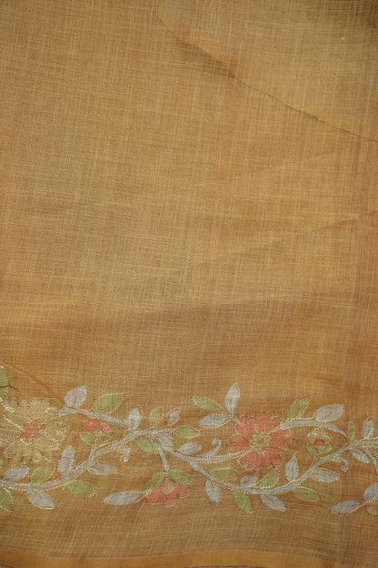 Embroidered Jute Linen Saree - Honey Beige