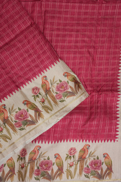 Rose Pink Semi Raw Silk Saree with Ivory Digital Printed Floral & Parrot Border