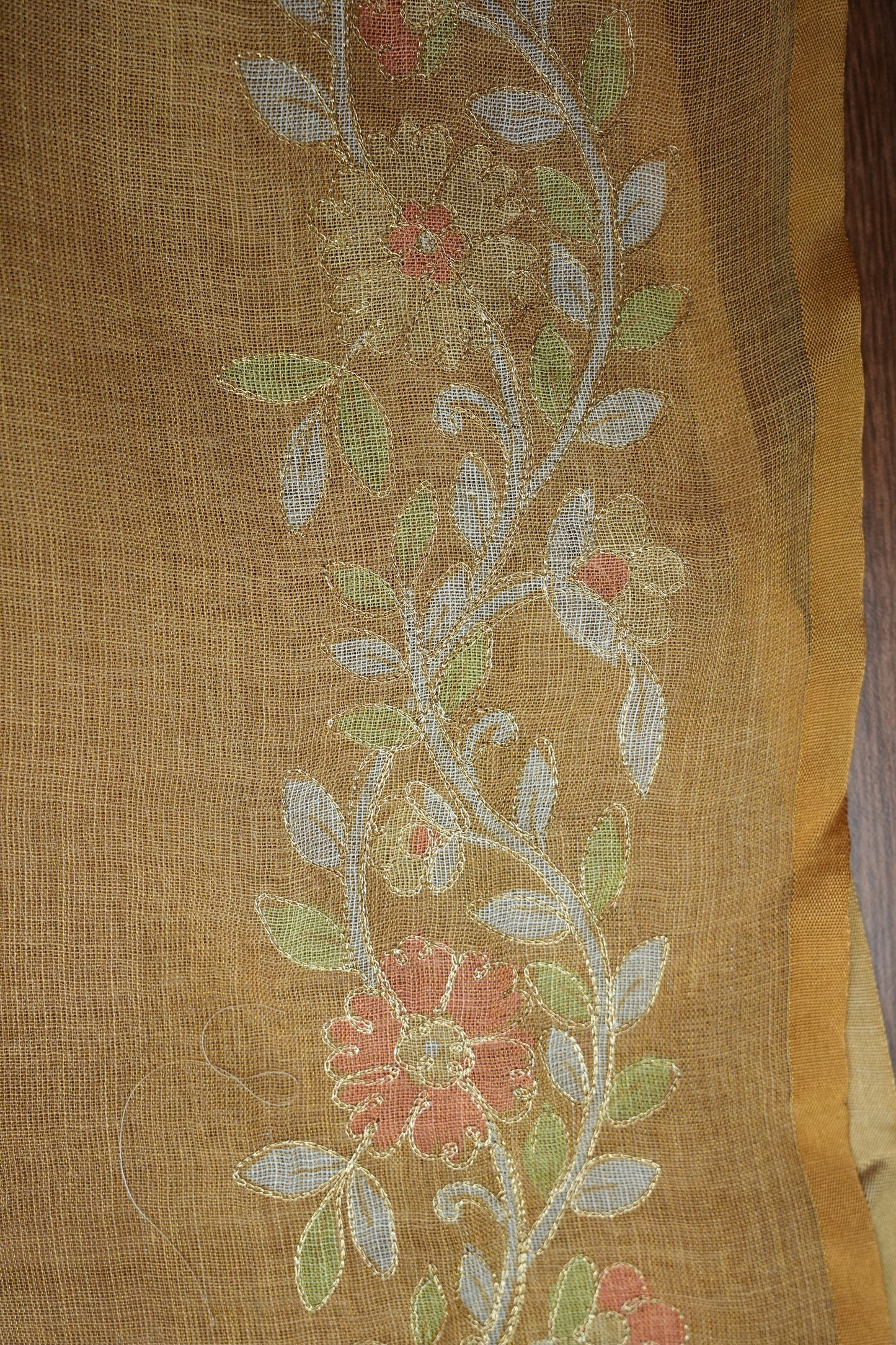 Embroidered Jute Linen Saree - Honey Beige
