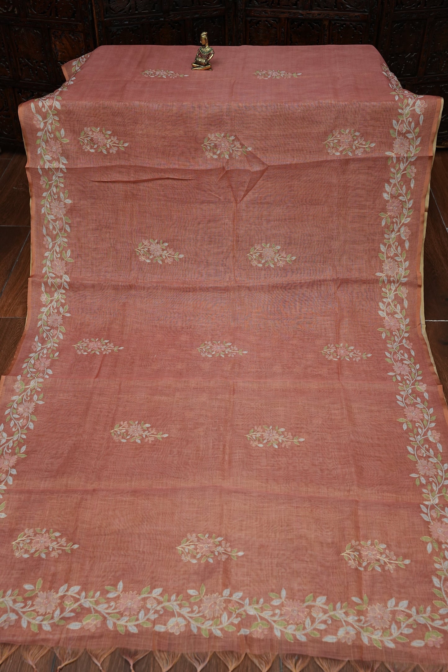Embroidered Jute Linen Saree - Terracotta Peach