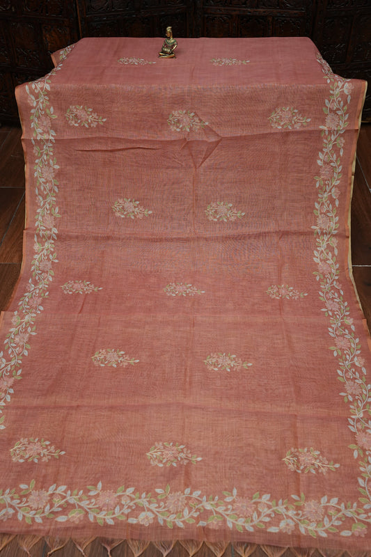 Embroidered Jute Linen Saree - Terracotta Peach