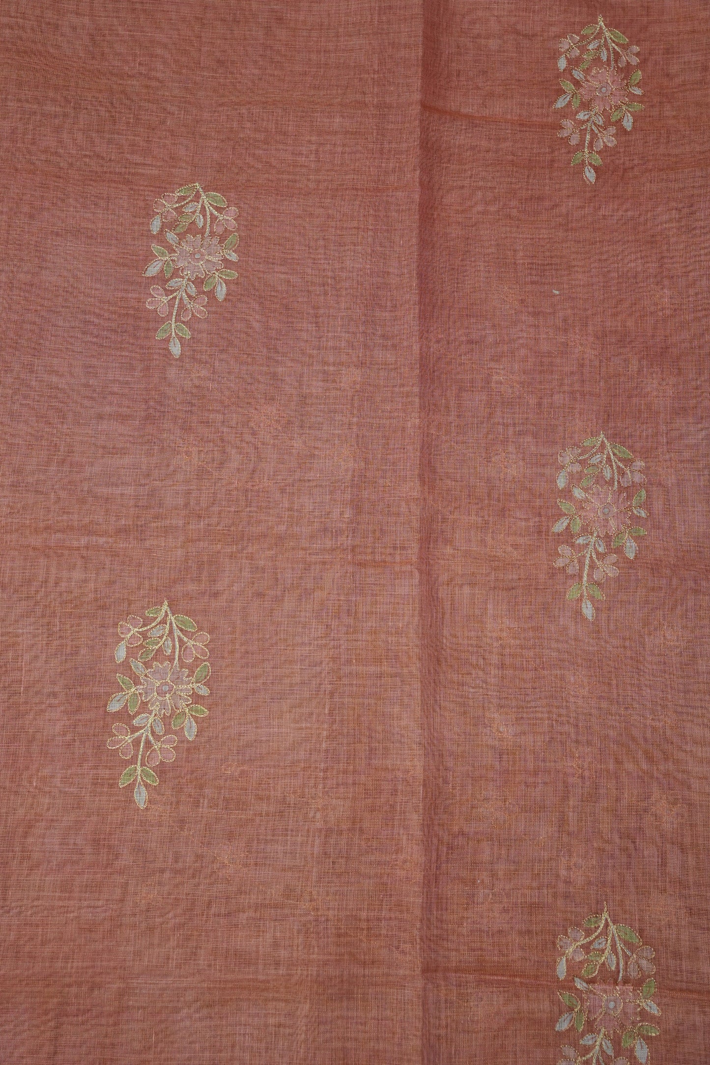 Embroidered Jute Linen Saree - Terracotta Peach