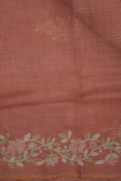 Embroidered Jute Linen Saree - Terracotta Peach