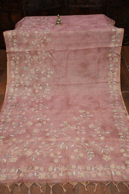 Embroidered Jute Linen Saree - Blush Pink