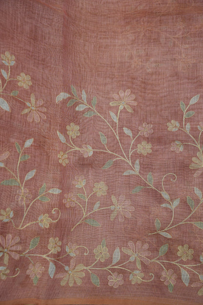 Embroidered Jute Linen Saree - Blush Pink