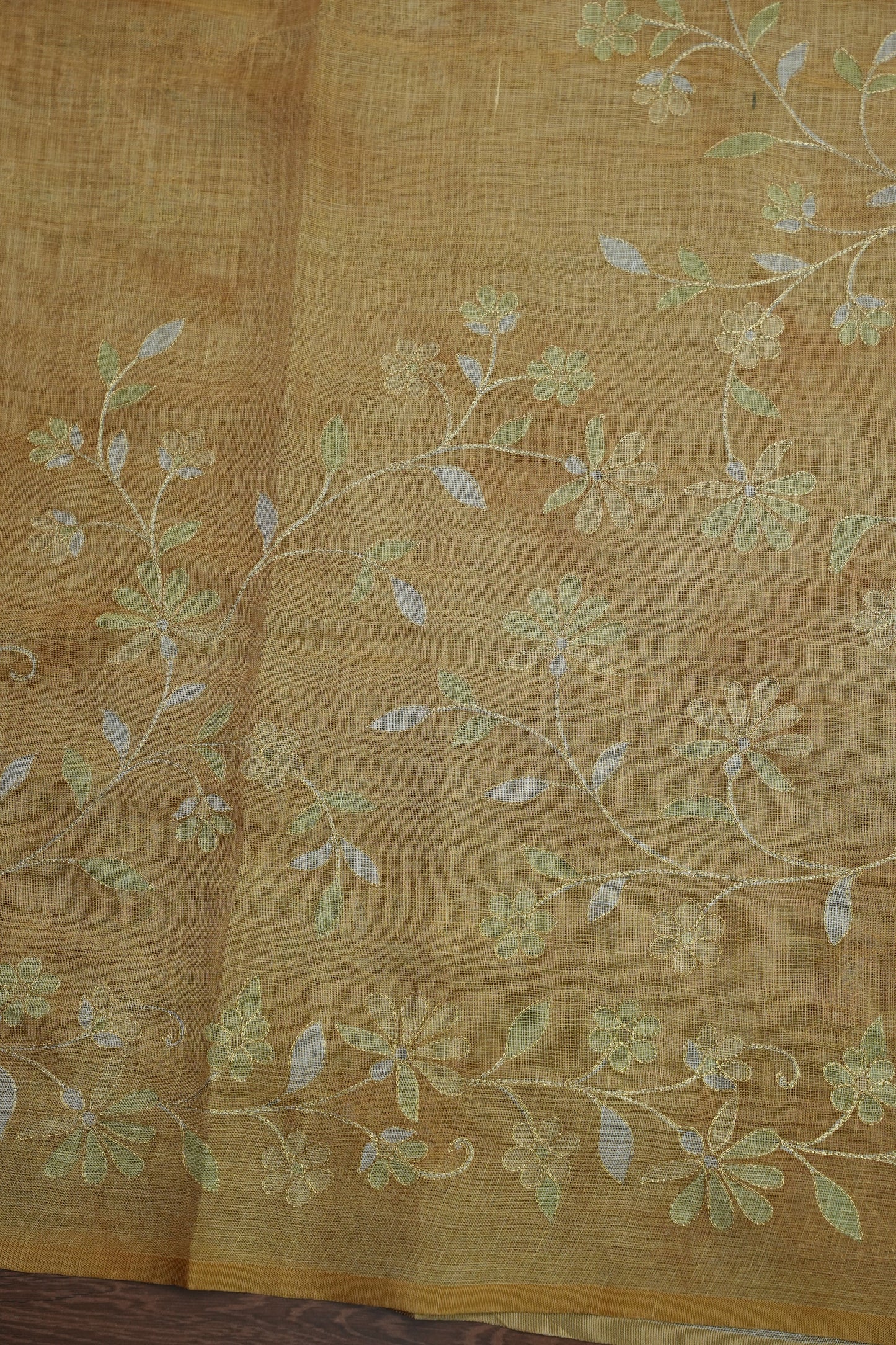 Embroidered Jute Linen Saree - Beige