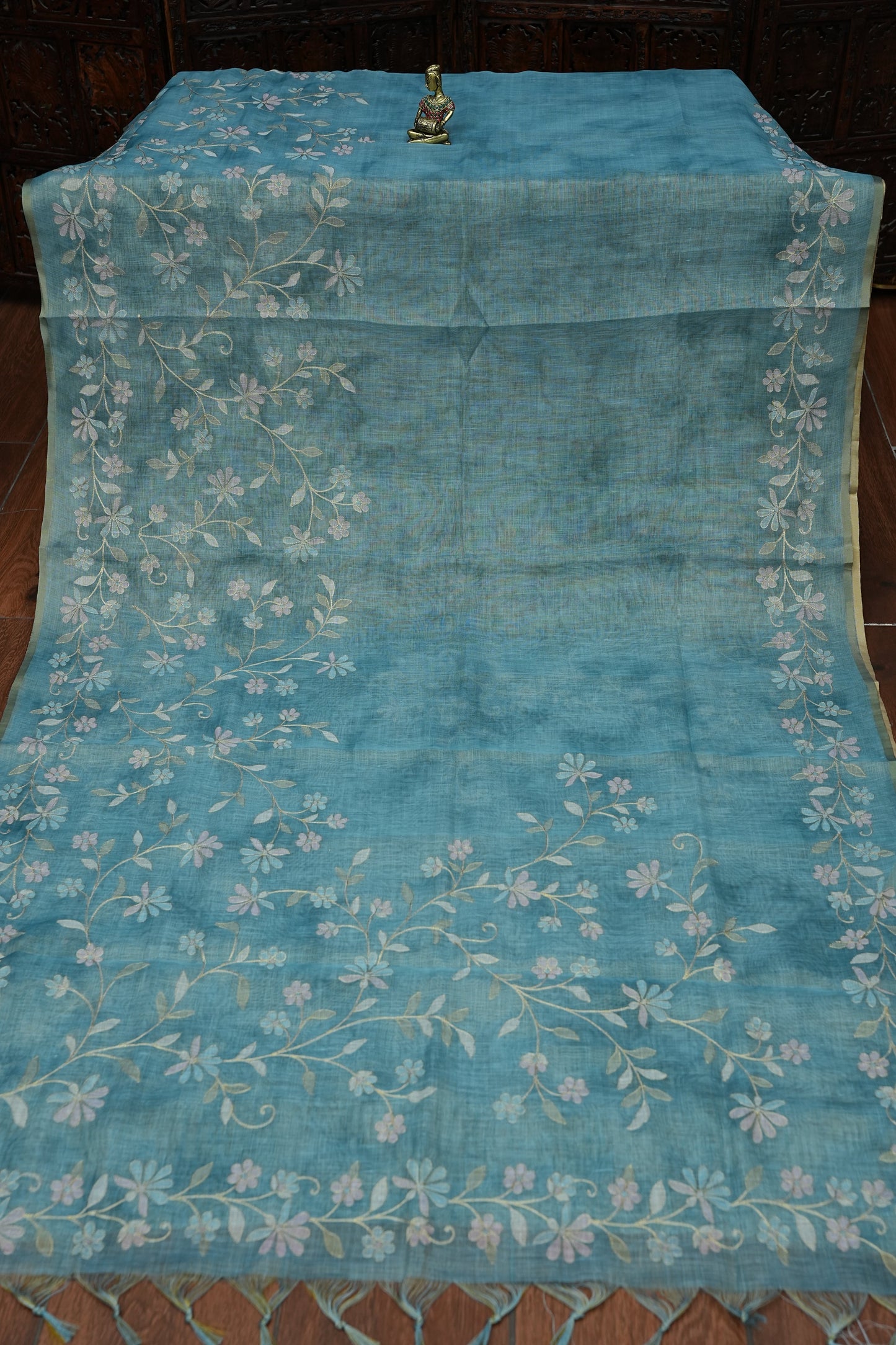 Embroidered Jute Linen Saree - Teal Blue