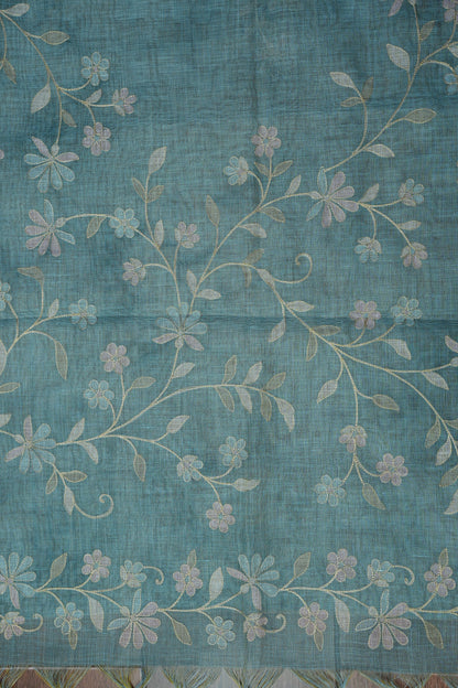 Embroidered Jute Linen Saree - Teal Blue