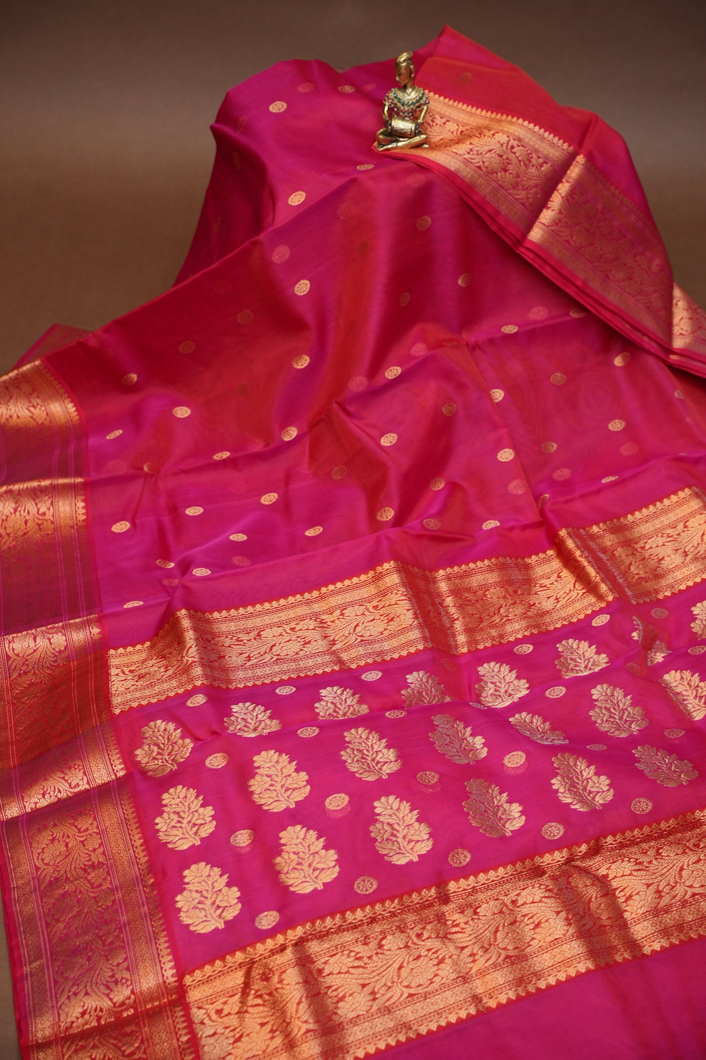 Pure Chanderi Silk Saree with Zari Buttas & Rich Tissue Border - Rani Pink