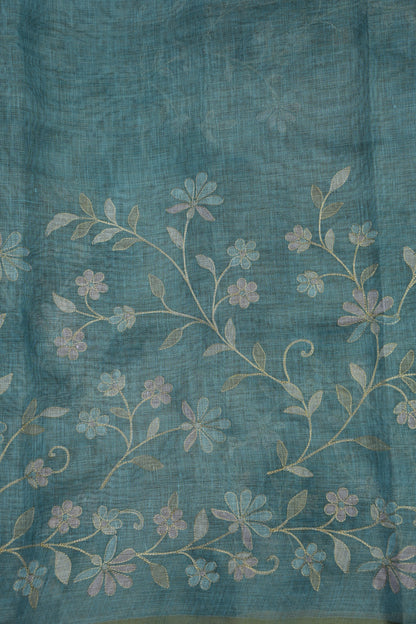 Embroidered Jute Linen Saree - Teal Blue