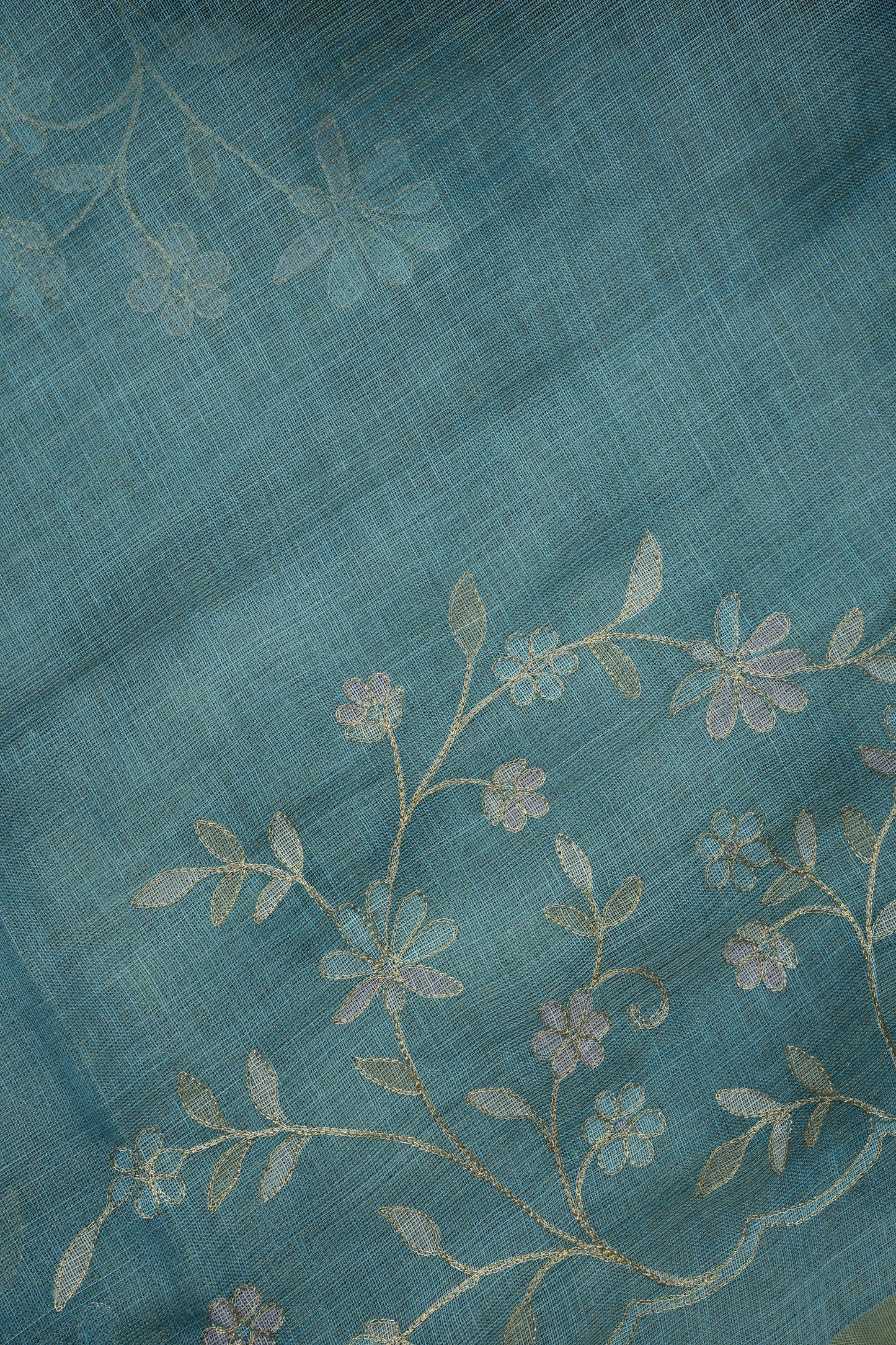 Embroidered Jute Linen Saree - Teal Blue
