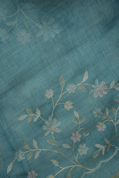 Embroidered Jute Linen Saree - Teal Blue