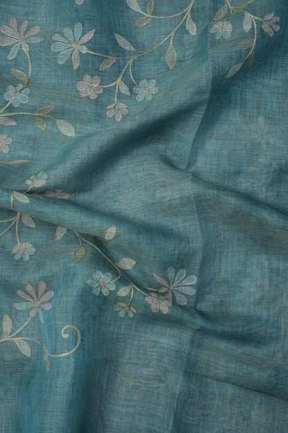 Embroidered Jute Linen Saree - Teal Blue