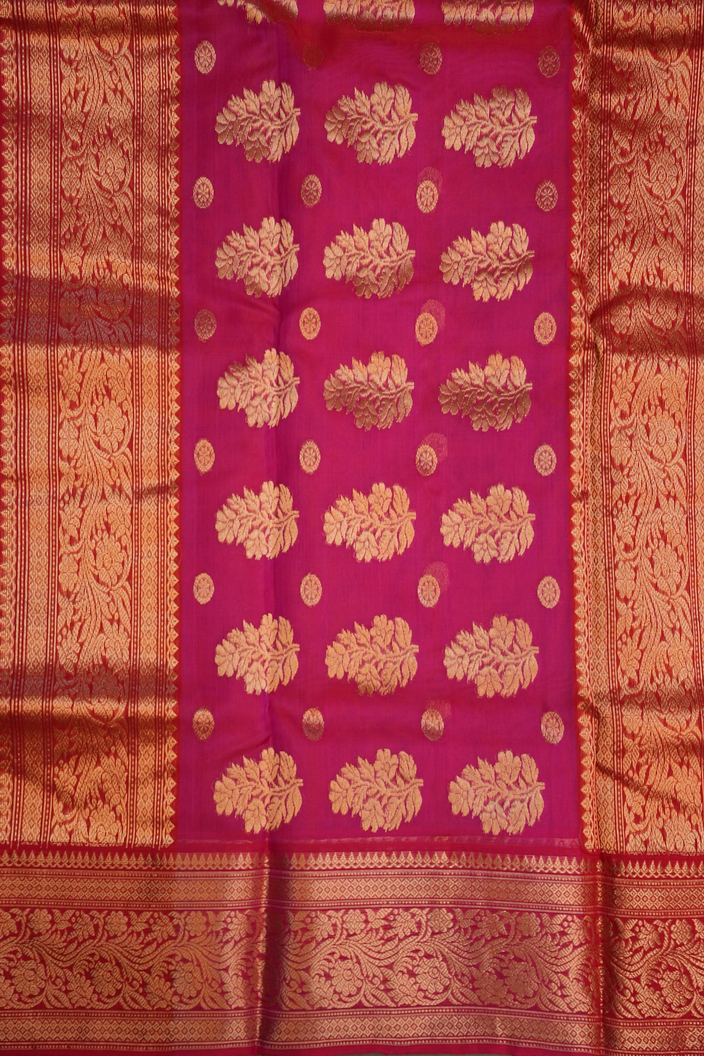 Pure Chanderi Silk Saree with Zari Buttas & Rich Tissue Border - Rani Pink