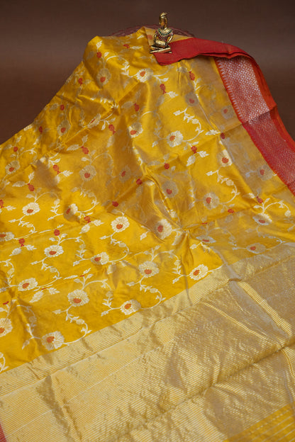 Pure Chanderi Silk Saree with Floral Zari Motifs & Tissue Border - Mustard Yellow