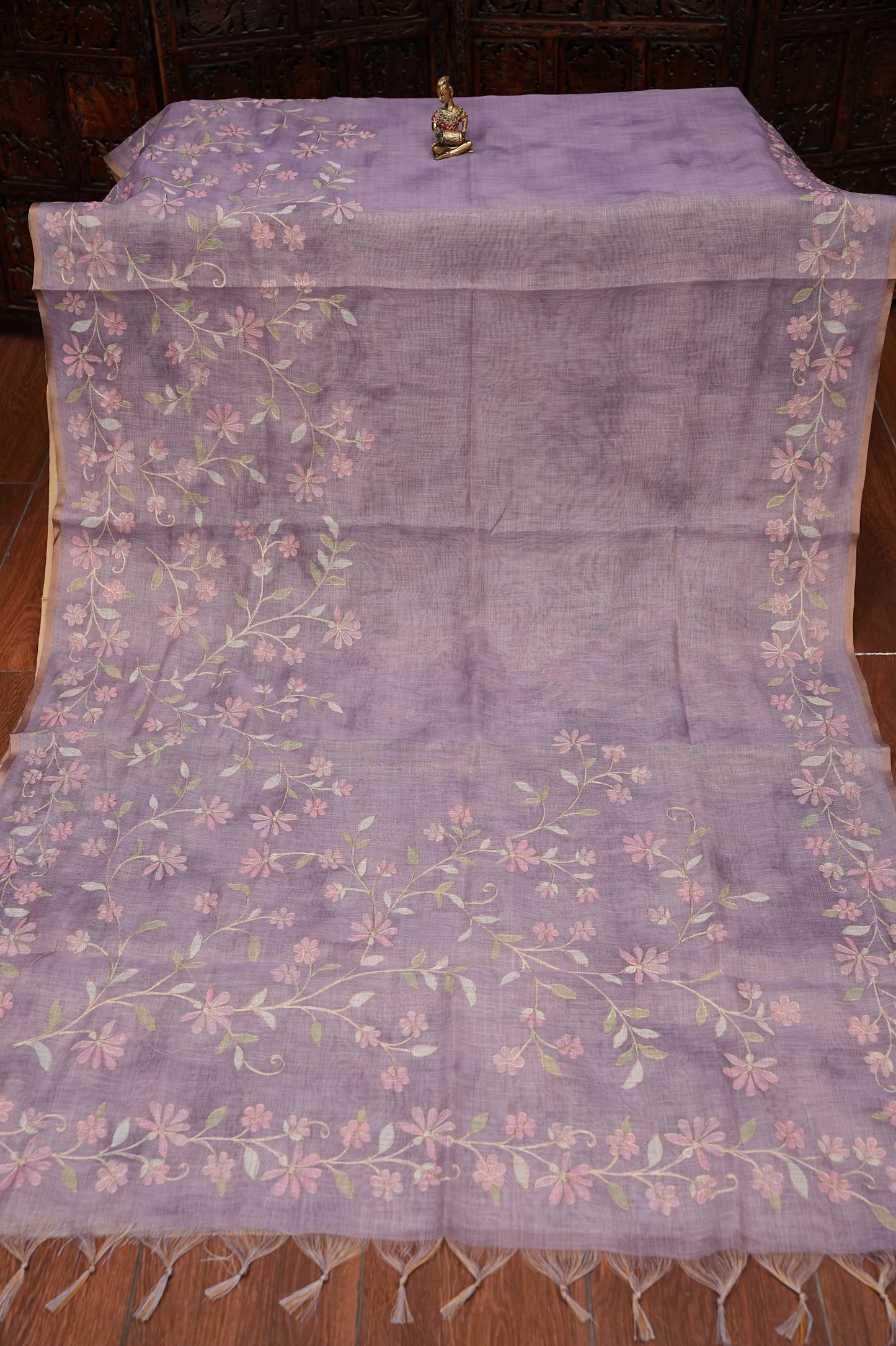 Embroidered Jute Linen Saree - Lilac