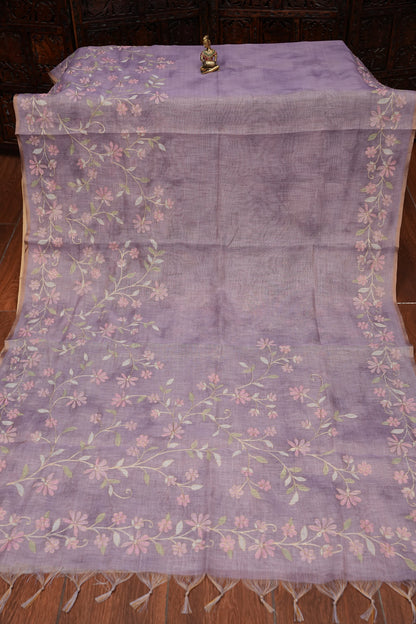Embroidered Jute Linen Saree - Lilac