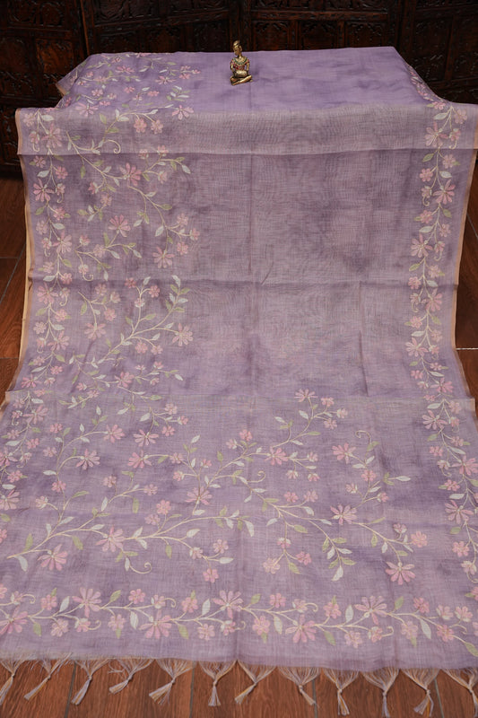 Embroidered Jute Linen Saree - Lilac