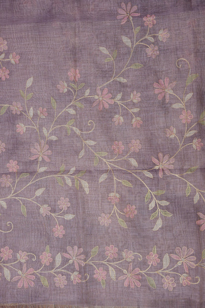 Embroidered Jute Linen Saree - Lilac