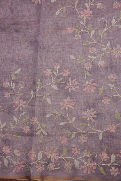 Embroidered Jute Linen Saree - Lilac