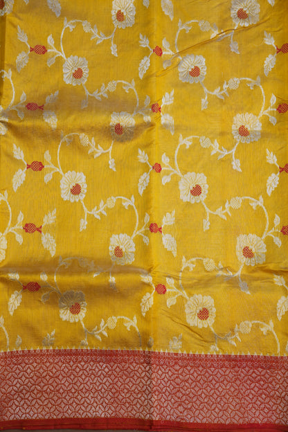 Pure Chanderi Silk Saree with Floral Zari Motifs & Tissue Border - Mustard Yellow