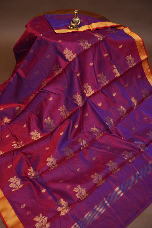 Pure Chanderi Silk Saree with Zari Buttas & Tissue Border - Dark Pink & Purple