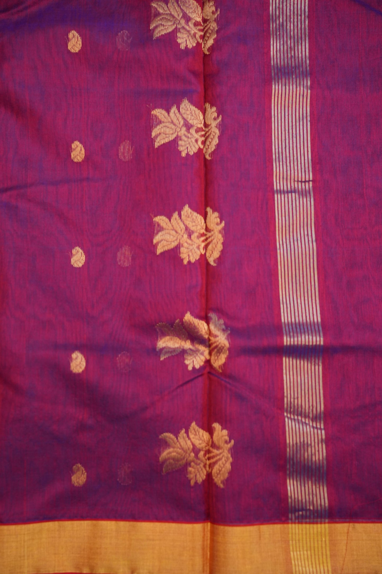 Pure Chanderi Silk Saree with Zari Buttas & Tissue Border - Dark Pink & Purple
