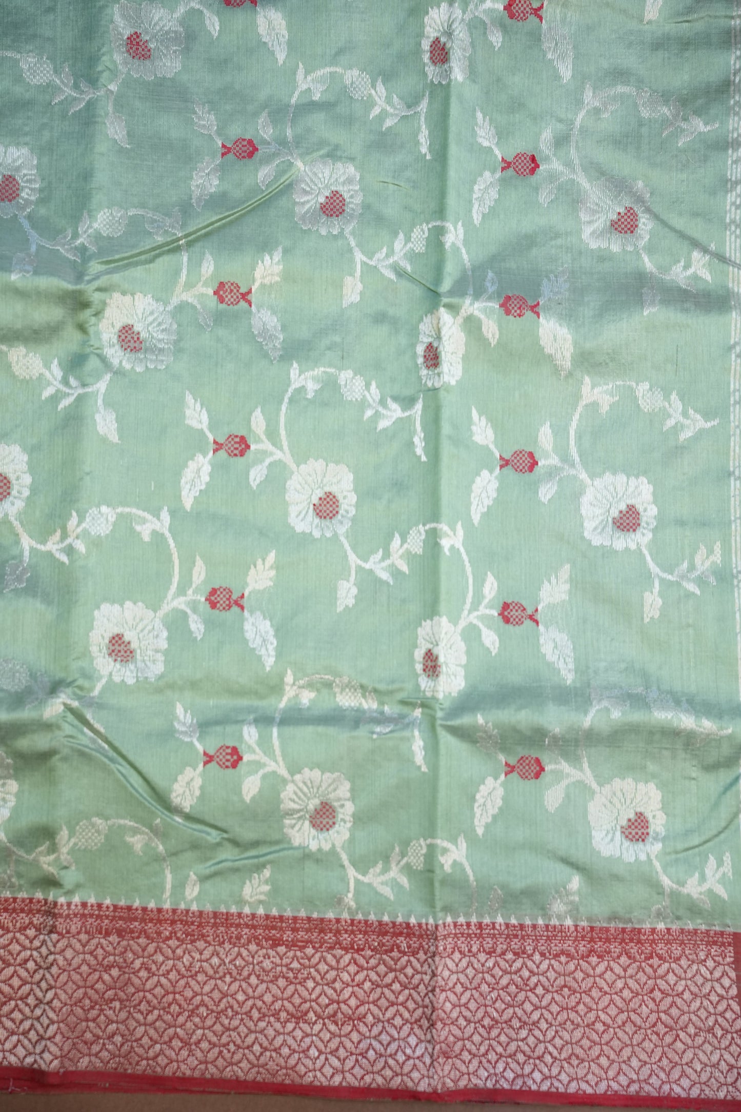 Pure Chanderi Silk Saree with Zari Buttas & Tissue Border - Sea Green