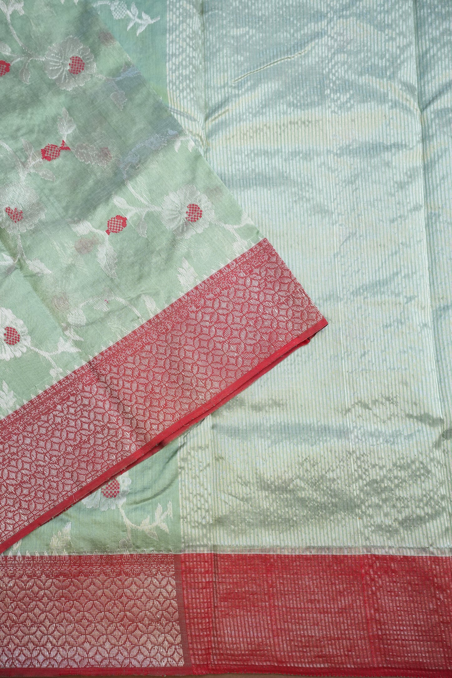 Pure Chanderi Silk Saree with Zari Buttas & Tissue Border - Sea Green