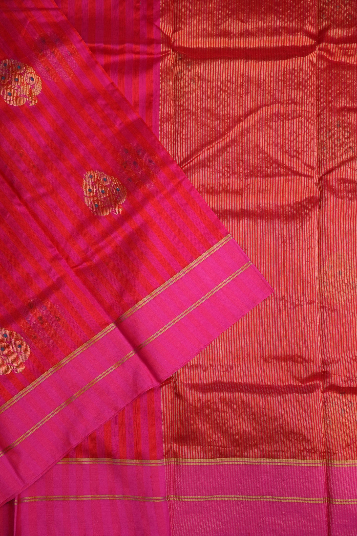Pure Chanderi Silk Saree with Zari Buttas & Tissue Border - Bright Pink