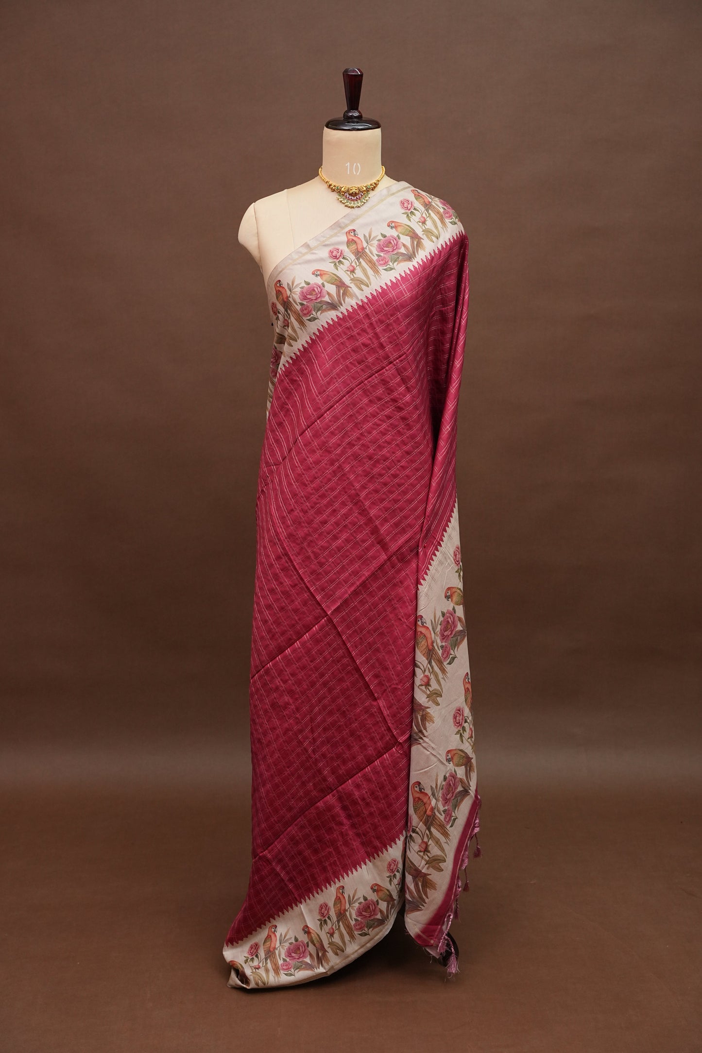 Rose Pink Semi Raw Silk Saree with Ivory Digital Printed Floral & Parrot Border