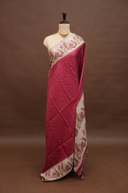 Rose Pink Semi Raw Silk Saree with Ivory Digital Printed Floral & Parrot Border