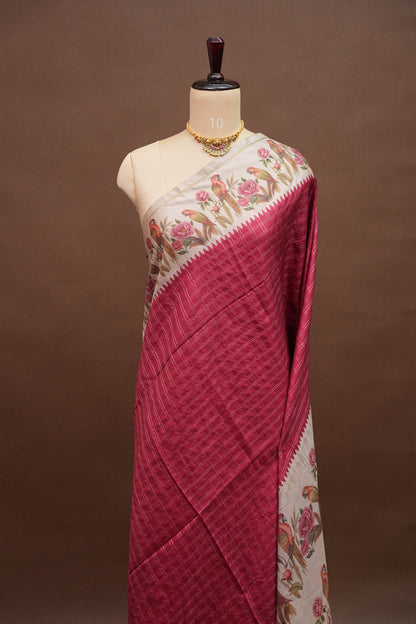 Rose Pink Semi Raw Silk Saree with Ivory Digital Printed Floral & Parrot Border