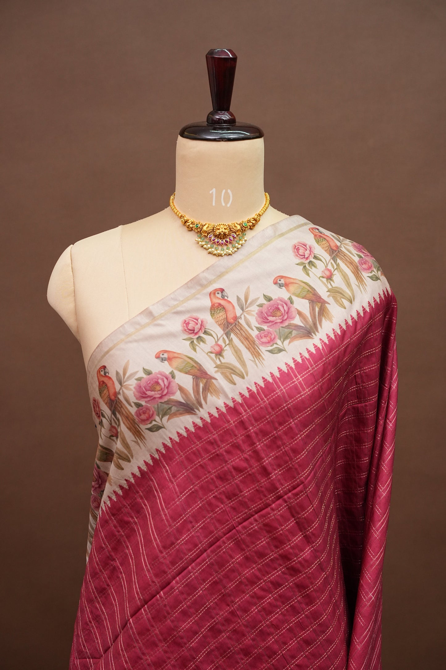 Rose Pink Semi Raw Silk Saree with Ivory Digital Printed Floral & Parrot Border