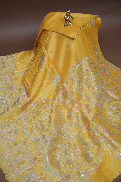 Golden Yellow Glass Tissue Organza Designer Party Wear Saree