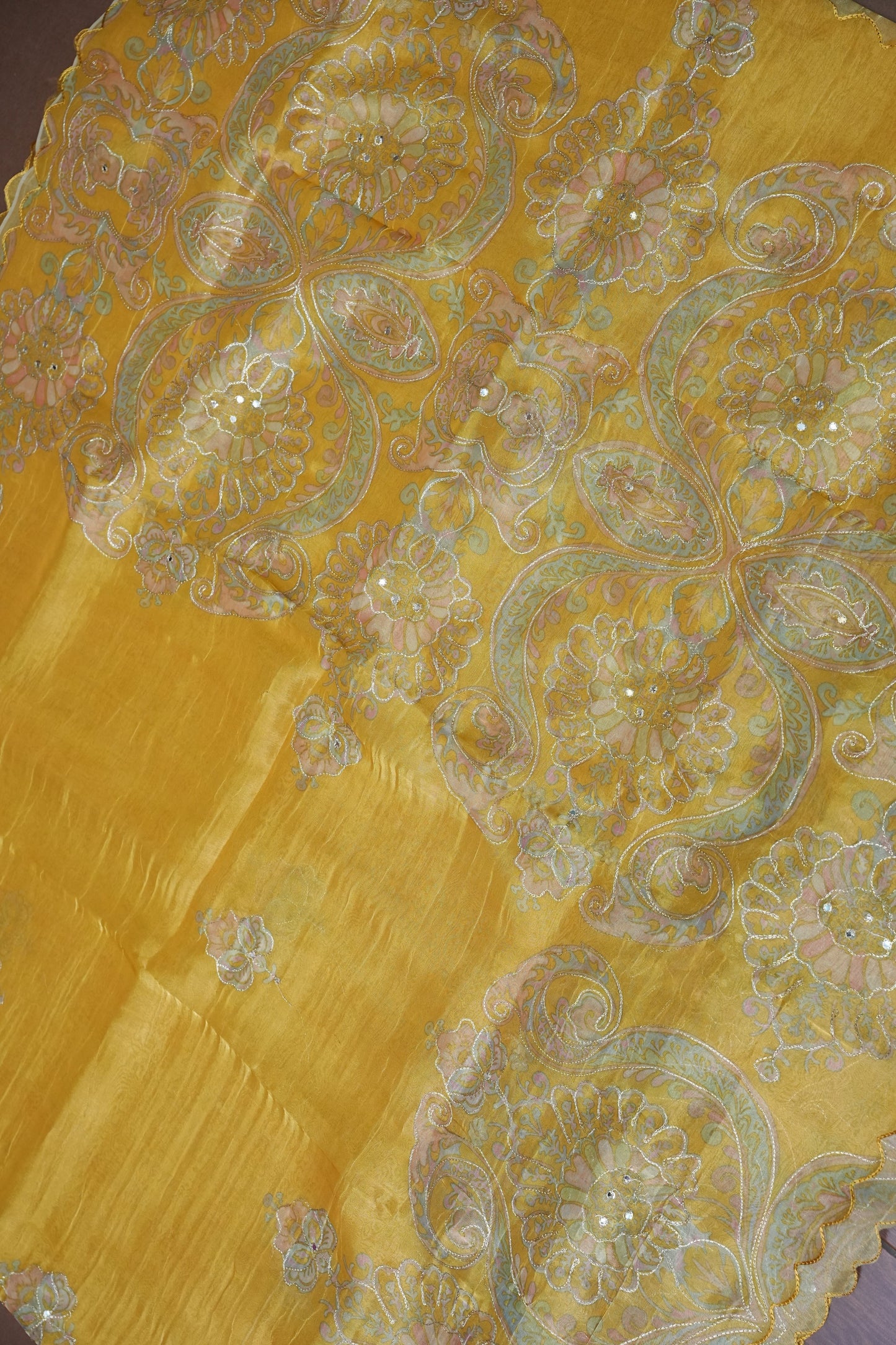 Golden Yellow Glass Tissue Organza Designer Party Wear Saree
