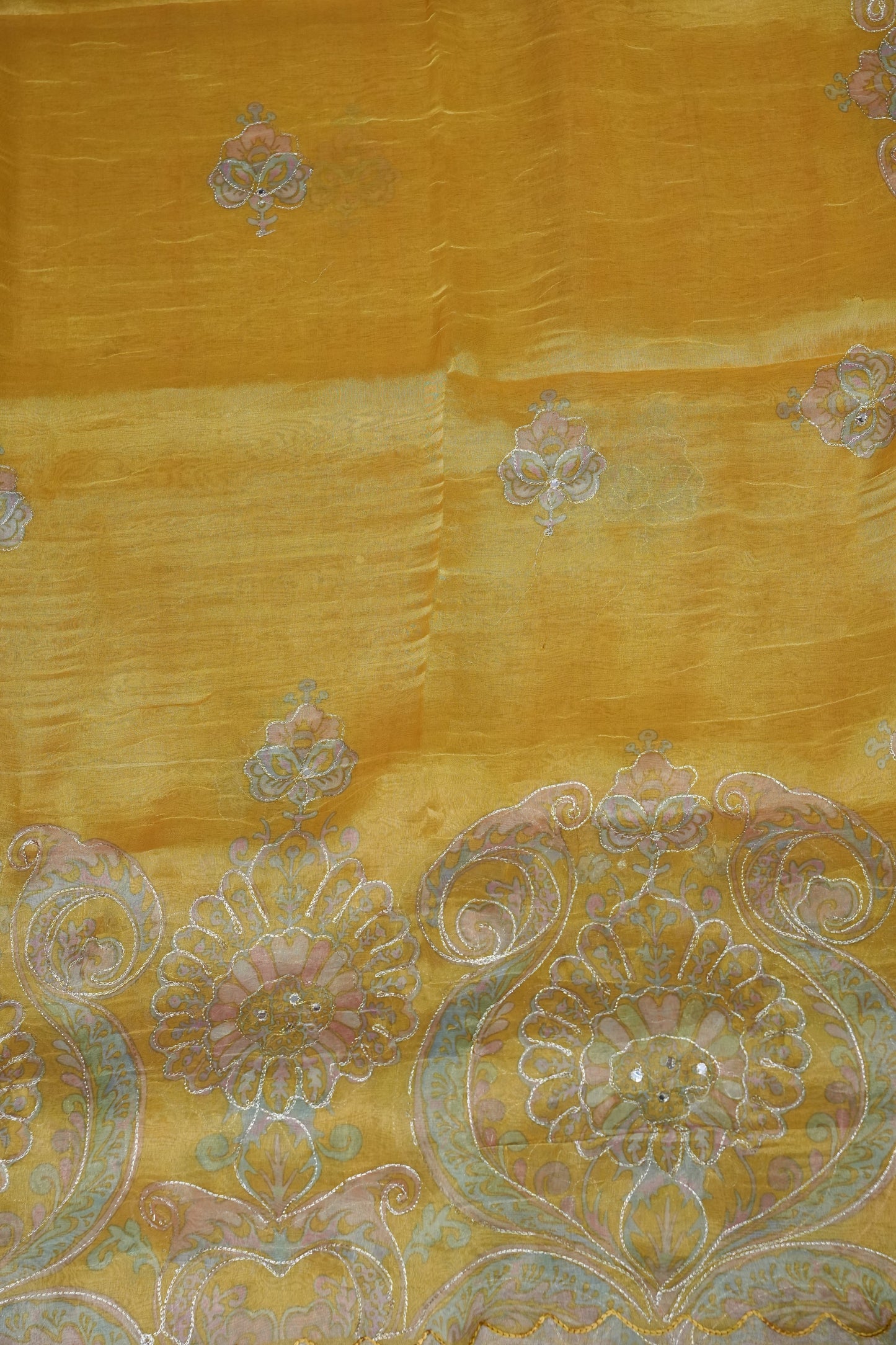 Golden Yellow Glass Tissue Organza Designer Party Wear Saree