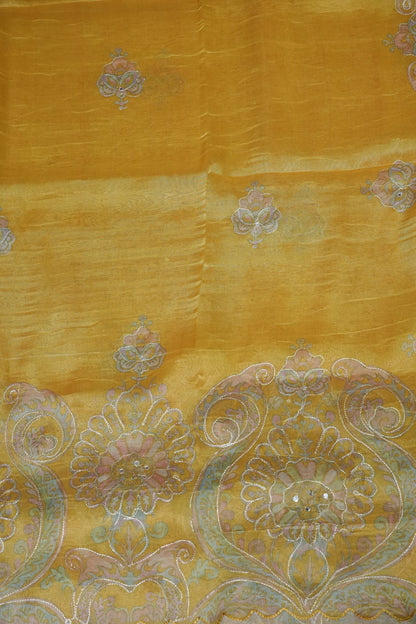 Golden Yellow Glass Tissue Organza Designer Party Wear Saree