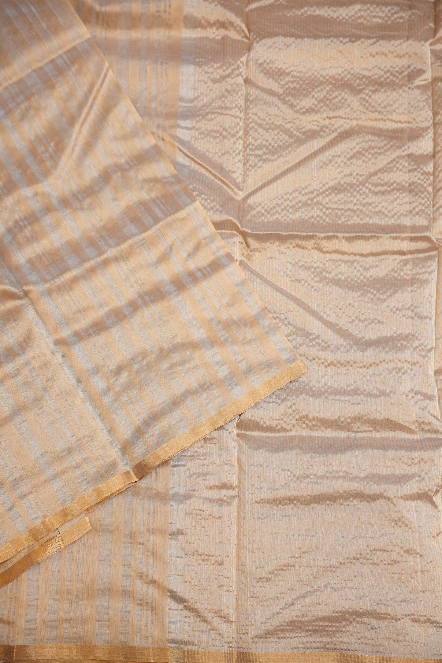 Pure Chanderi Silk Saree with Zari Buttas & Tissue Border - Ivory & Gold