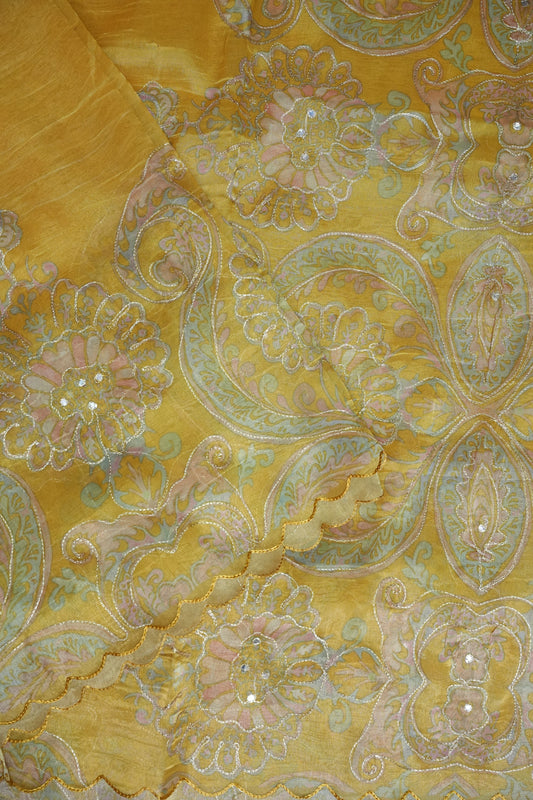 Golden Yellow Glass Tissue Organza Designer Party Wear Saree