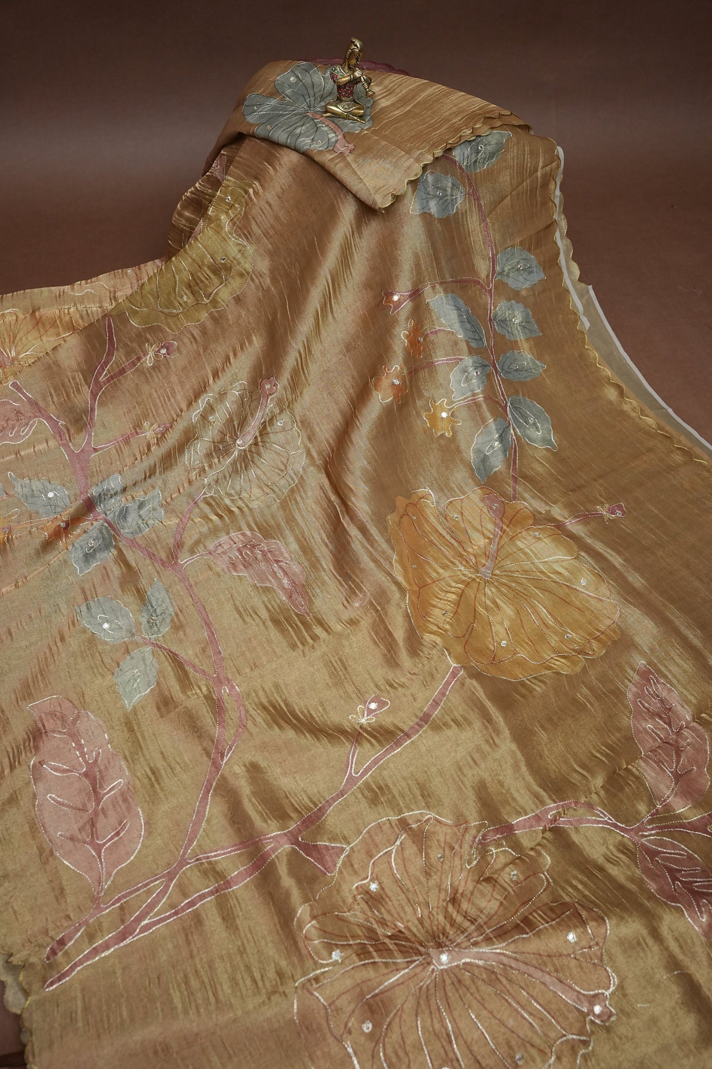 Gold Shade Glass Tissue Organza Designer Party Wear Saree