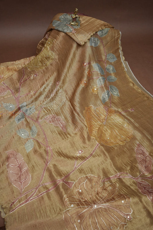Gold Shade Glass Tissue Organza Designer Party Wear Saree