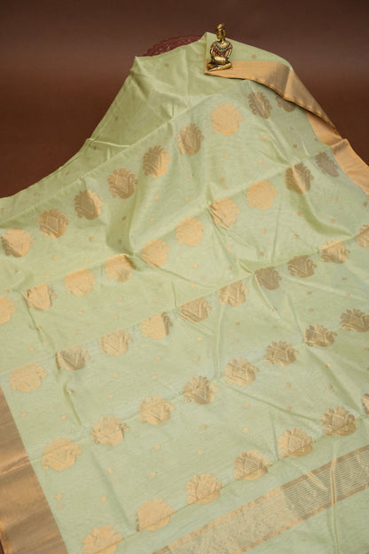 Pure Chanderi Silk Saree with Zari Buttas & Tissue Border - Pastel Green