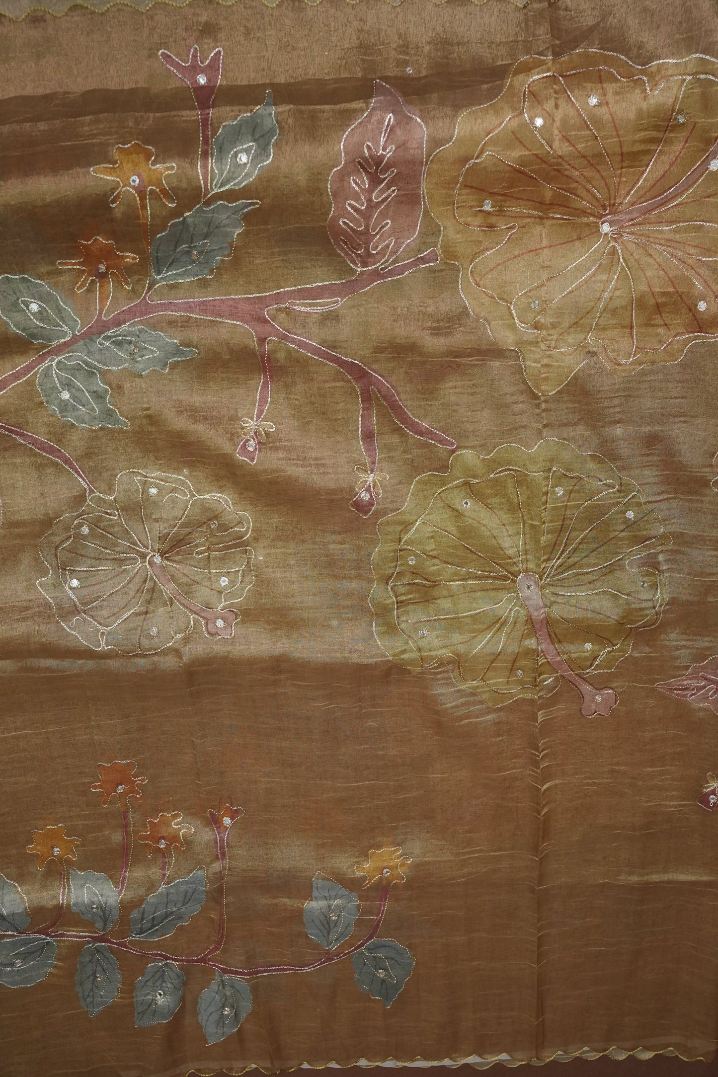 Gold Shade Glass Tissue Organza Designer Party Wear Saree