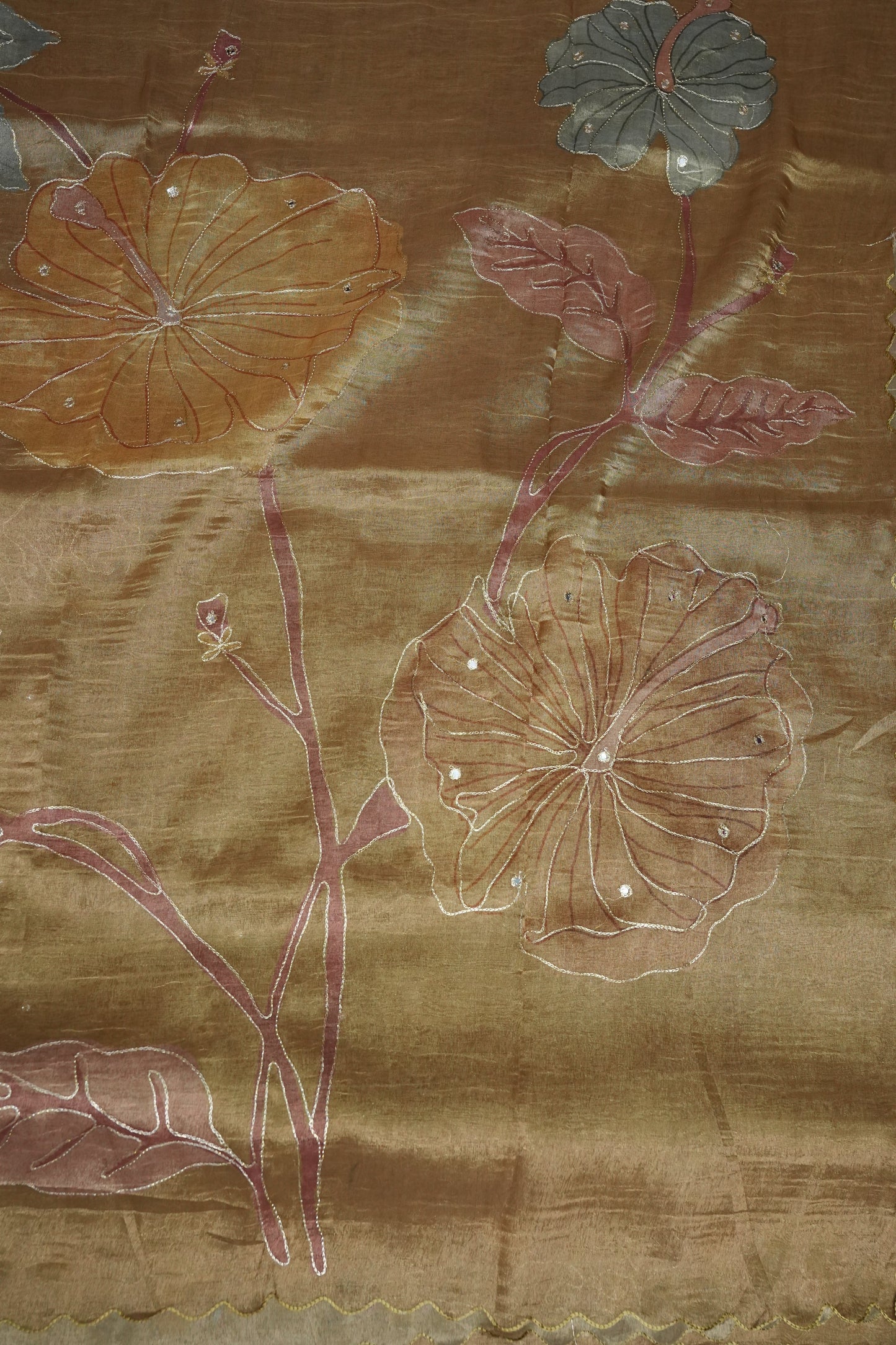 Gold Shade Glass Tissue Organza Designer Party Wear Saree