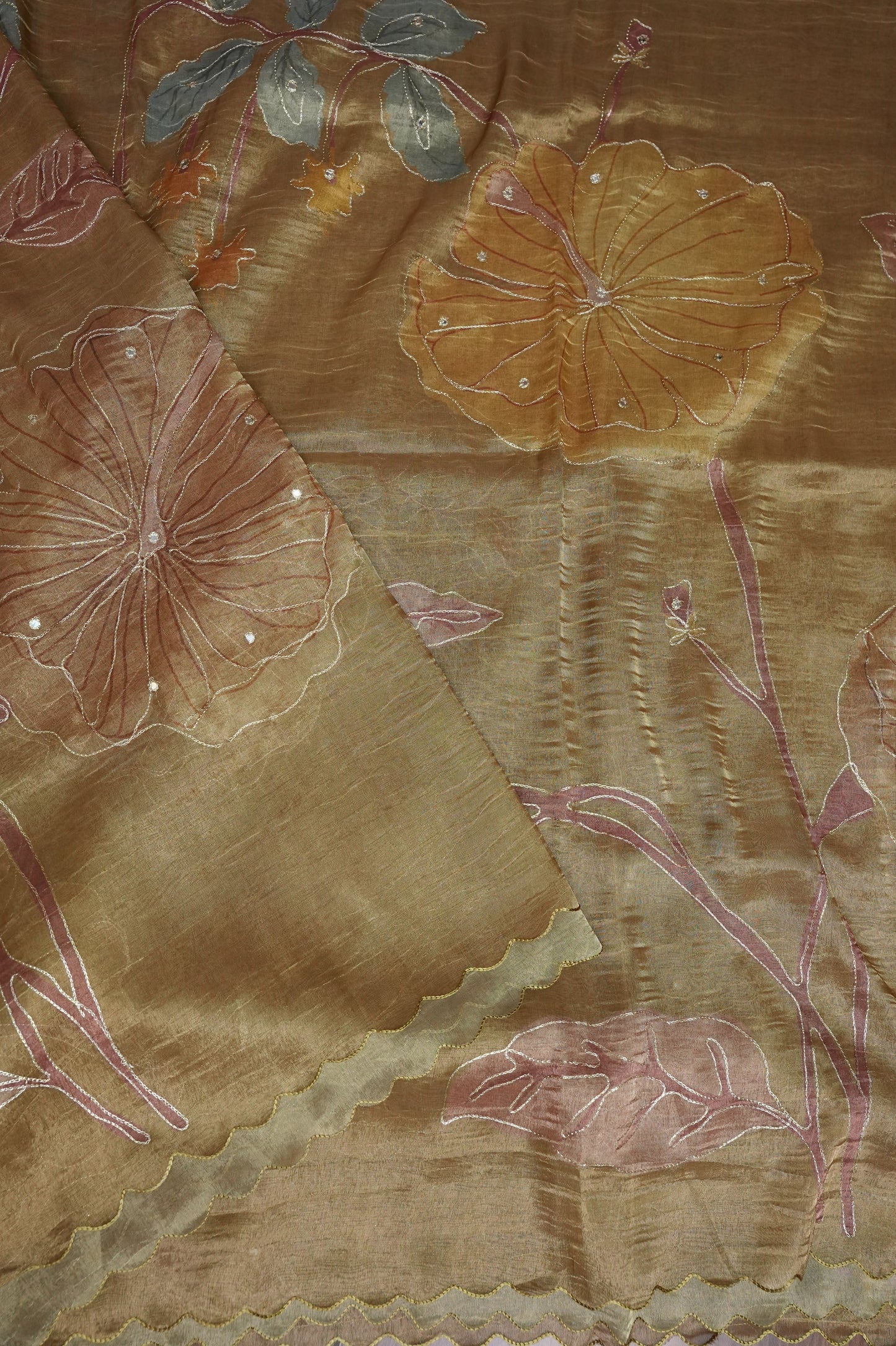 Gold Shade Glass Tissue Organza Designer Party Wear Saree